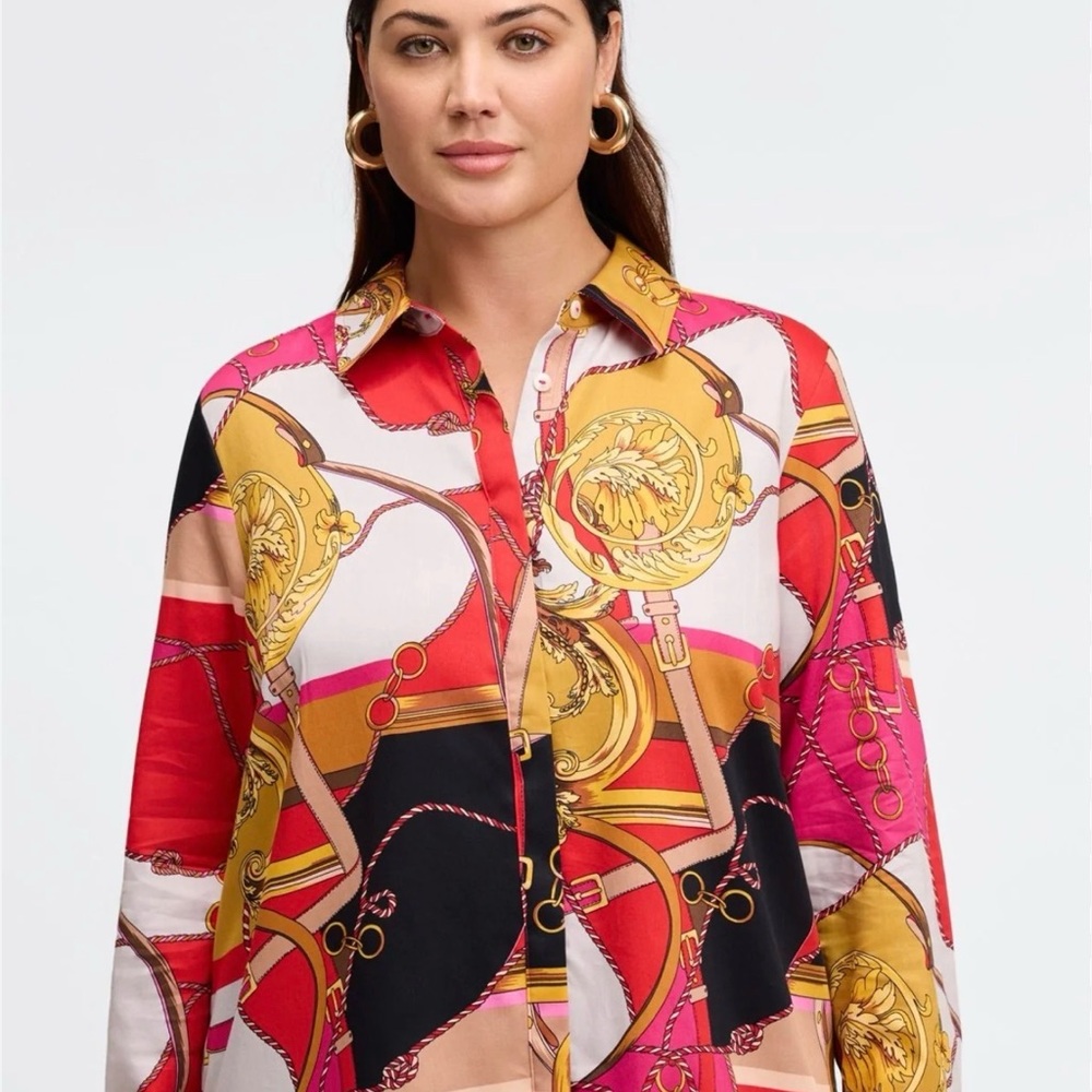 Foxcroft Luna Buckle Scarf Print Equestrian Top Womens M Button Up Long Sleeve